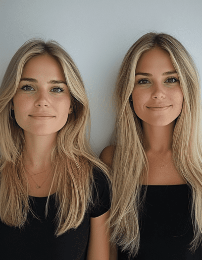 Hair Extensions blond with black outfit.