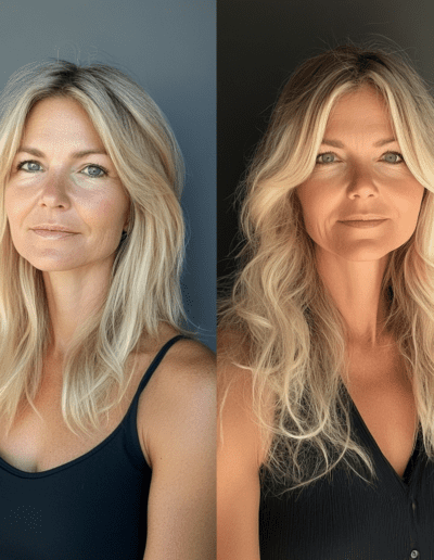 hair extensions model wearing black with blond hair.