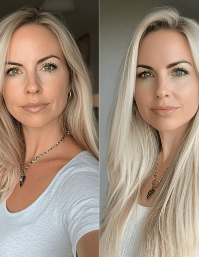 hair extensions model with blond hair and white shirt.